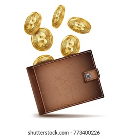 Bitcoin Wallet Vector. Brown Color. Abstract Technology Bitcoin. Cryptography Finance Coin Icons. Full Wallet. Modern Wallet. Bitcoin Gold Coins. Isolated Illustration