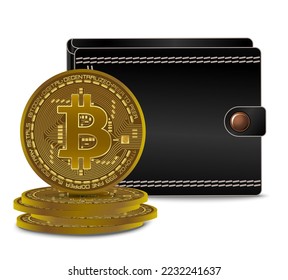 Bitcoin wallet. Vector illustration with black wallet and few Bitcoins, isolated on white background.