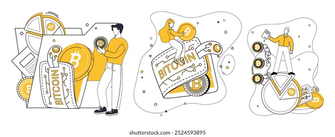 Ilustración vectorial de billetera Bitcoin. Las transacciones en efectivo evolucionan hacia intercambios digitales sin interrupciones dentro de una billetera segura Navegue por el panorama económico con una billetera digital confiable y eficiente