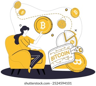 Ilustración vectorial de billetera Bitcoin. El crecimiento económico en la era digital se ve impulsado por la adopción de billeteras digitales Gestione sus recursos financieros con precisión a través de una billetera Bitcoin segura