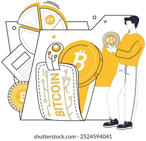 Ilustración vectorial de billetera Bitcoin. La financiación electrónica del latido del corazón se sincroniza con los ritmos de las billeteras digitales Proteja sus activos en el ámbito digital con el escudo impenetrable Billetera Bitcoin