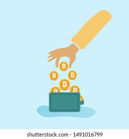 Bitcoin wallet. Vector illustration with green wallet and few Bitcoins, isolated on light blue digital background.
