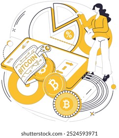 Ilustración vectorial de billetera Bitcoin. Invierta en finanzas futuras mediante la adopción de la cartera de Bitcoin sofisticada Blockchain, la columna vertebral de las transacciones digitales seguras, potencia su cartera El progreso económico se desarrolla