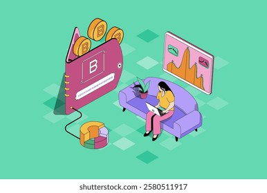 Bitcoin wallet web concept in 3d isometric graphic design. Isometry people scene with woman mining cryptocurrency, buying or selling virtual btc money, earning profit online. Vector illustration.