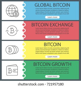Bitcoin web banner templates set. Global bitcoin, exchange, wallet. Website color menu items with linear icons. Vector headers design concepts