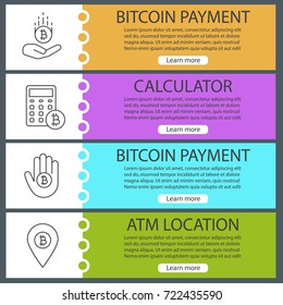 Bitcoin web banner templates set. Bitcoin payment, calculating, ATM location. Website color menu items with linear icons. Vector headers design concepts
