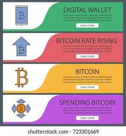 Bitcoin web banner templates set. Digital wallet, rate rising, spending. Website color menu items. Vector headers design concepts