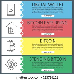 Bitcoin web banner templates set. Bitcoin sign, digital storage, spending, rate rising. Website color menu items with linear icons. Vector headers design concepts