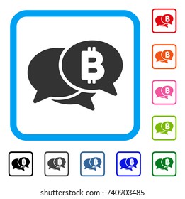 Bitcoin Webinar icon. Flat gray pictogram symbol in a light blue rounded rectangular frame. Black, gray, green, blue, red, orange color additional versions of Bitcoin Webinar vector.
