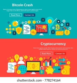 Bitcoin Website Banners. Vector Illustration for Web Header. Cryptocurrency Flat Design.