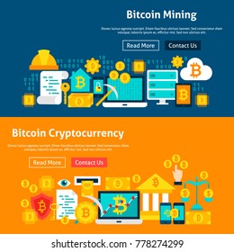 Bitcoin Website Banners. Vector Illustration for Web Header. Cryptocurrency Flat Design.