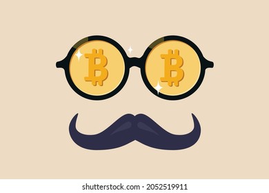 Bitcoin whale or anonymous who rich with bitcoin crypto trading, cryptocurrency guru or success investor with no identity concept, fancy nerd eyeglasses with precious Bitcoin symbol and mustache.