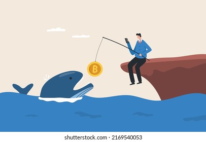 Bitcoin whale concept.  A large trader who owns a large amount of bitcoins or cryptocurrencies. Major holders in influencing market prices fluctuate.