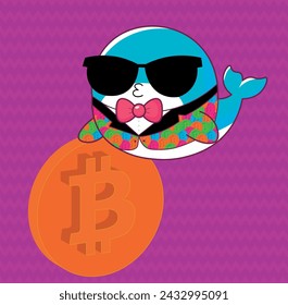 Bitcoin whale, emotions illustration, cartoon, emotes, emojis, cute whale with suit, businessman, for backgrounds