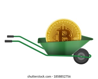 Bitcoin in wheelbarrow on a white background.