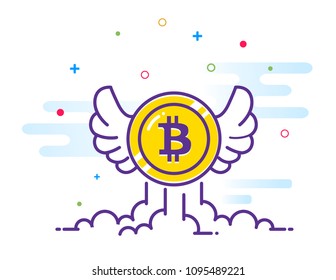 Bitcoin with wings flat illustration. Bitcoin icon flying in the sky. Crypto currency bit coin. Cryptocurrency emblem. Web and Internet money logo. Vector illustration.