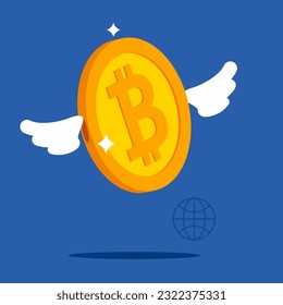 Bitcoin with wings flies freely like a bird. Flat vector illustration