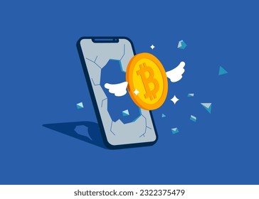 Bitcoin with wings fly  coming out of a smartphone screen. Financial investments in creative projects and into innovation. Business, Company, Funds, gold. Flat vector illustration.