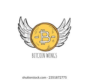 Bitcoin with wings hand-drawn doodle cartoon business money vector logo.