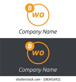 Bitcoin WO letters business logo with bitcoin icon and modern design template elements. Two colors background.