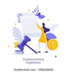 Bitcoin, mujer leyendo documento y martillo. Concepto de legislación criptomonetaria, regulación legal de criptografía o moneda digital, ley de cadena de bloqueo. Ilustración vectorial plana moderna para afiche, pancarta.