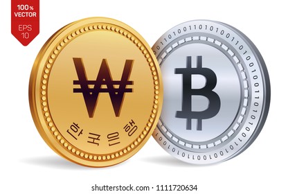 Bitcoin. Won. 3D isometric Physical coins. Digital currency. Korea Won coin. Cryptocurrency. Golden and silver coins with Bitcoin and Won symbol isolated on white background. Vector illustration.
