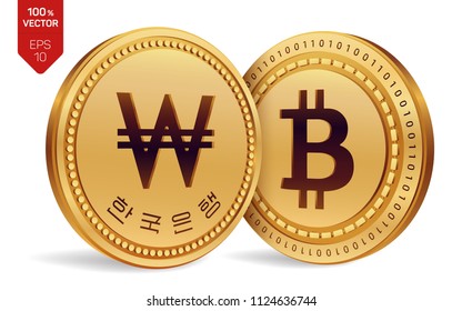 Bitcoin. Won. 3D isometric Physical coins. Digital currency. Korea Won coin. Cryptocurrency. Golden coins with Bitcoin and Won symbol isolated on white background. Vector illustration.