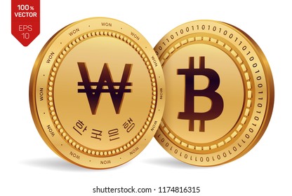 Bitcoin. Won. 3D isometric Physical coins. Digital currency. Korea Won coin. Cryptocurrency. Golden coins with Bitcoin and Won symbol isolated on white background. Vector illustration.