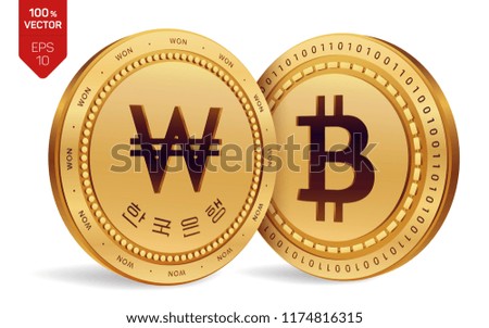 Bitcoin. Won. 3D isometric Physical coins. Digital currency. Korea Won coin. Cryptocurrency. Golden coins with Bitcoin and Won symbol isolated on white background. Vector illustration.