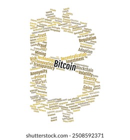 Bitcoin Word Cloud. Composition of Words Related to Bitcoin Terms, Challenges, and Opportunities. Bitcoin Discussion. Perfect for Cryptocurrency Debate. Isolated White Background.