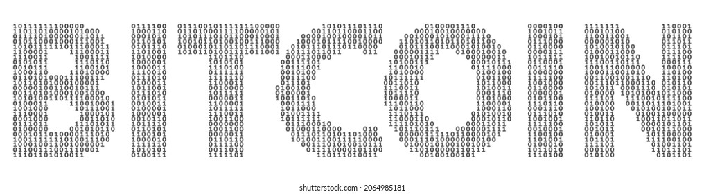 'Bitcoin' word with halftone effect. Each letter composed of zeros and ones. Vector graphics