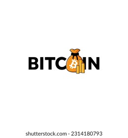 BITCOIN Wordmark Logo -  letter O becomes a bag of bitcoins symbol.