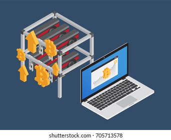Bitcoin Workstation. Graphic cards rig. Mining stand. Isometric.