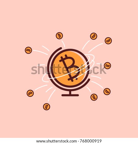 Bitcoin world icon. Cryptocurrencies are taking over the world sign. Bitcoin international payment system. Worldwide finance economy market is taken by bitcion. Global crypto flat vector illustration