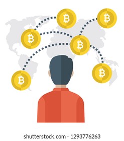 Bitcoin world with man flat icon design 
