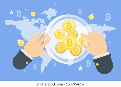 Bitcoin world map. Hands counting golden coins.