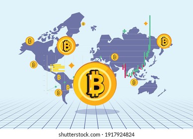 bitcoin with worldmap in background. cryptocurrency concept - vector