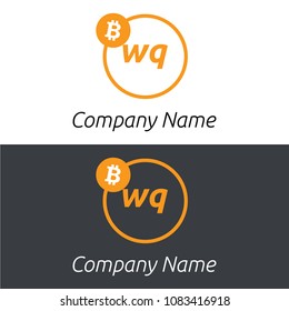 Bitcoin WQ letters business logo with bitcoin icon and modern design template elements. Two colors background.