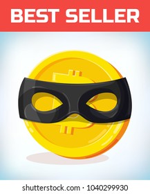 Bitcoin in zorro mask. Bitcoin. Digital currency. Crypto currency. Money and finance symbol. Miner bit coin criptocurrency. Virtual money concept. Cartoon Vector illustration.