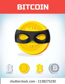 Bitcoin in zorro mask. Bitcoin. Digital currency. Crypto currency. Money and finance symbol. Miner bit coin criptocurrency. Virtual money concept. Cartoon Vector illustration.