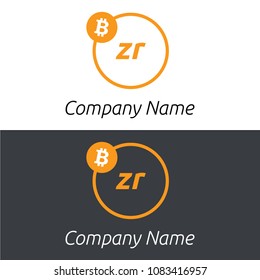 Bitcoin ZR letters business logo with bitcoin icon and modern design template elements. Two colors background.