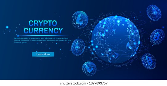 Bitcoinn. Electronic cryptocurrency and modern technology. Online banking, and financial communications. World wide web. Bitcoin cryptocurrency on a blue background.