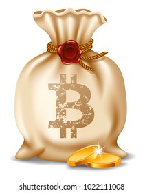 Bitcoins in bag. Digital currency. Cryptocurrency. Beige canvas bag with bitcoin symbol and golden coins. Isolated on white background. Virtual money concept. Vector illustration.
