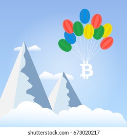 Bitcoins with balloons in the sky