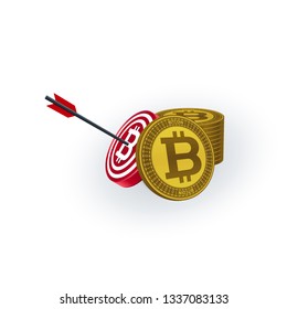 Bitcoins, banknotes, arrow and target board on white background. Financial concept design.