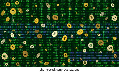 Bitcoins, block chain shape with binary digit. Glitch effect. Golden bitcoin coin. 3d gold bitcoin confetti. Vector illustratation. Format 16:9