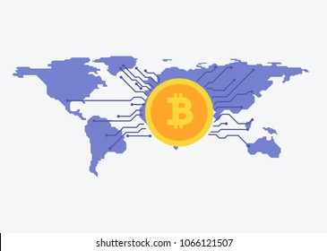 Bitcoins blockchain worldwide with map on the background. Bitcoin trading concept. in flat style
