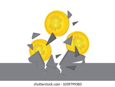 Bitcoins breaking through the wall. Concept of the rising value of bitcoins and the promising future of cryptocurrency.