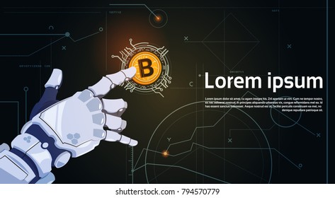 Bitcoins Concepto de criptomoneda Mano de robot Tocando la moneda de oro Moneda de Web digital Tecnología de minería de dinero Ilustración vectorial plana
