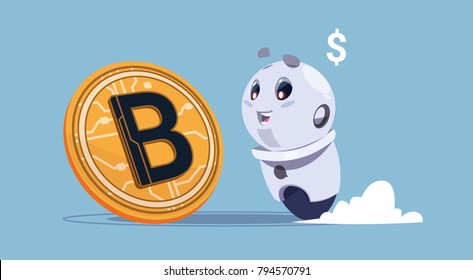 Bitcoins Crypto Currency Cute Robot Looking At Golden Bit Coin Digital Web Money Mining Concept Flat Vector Illustration